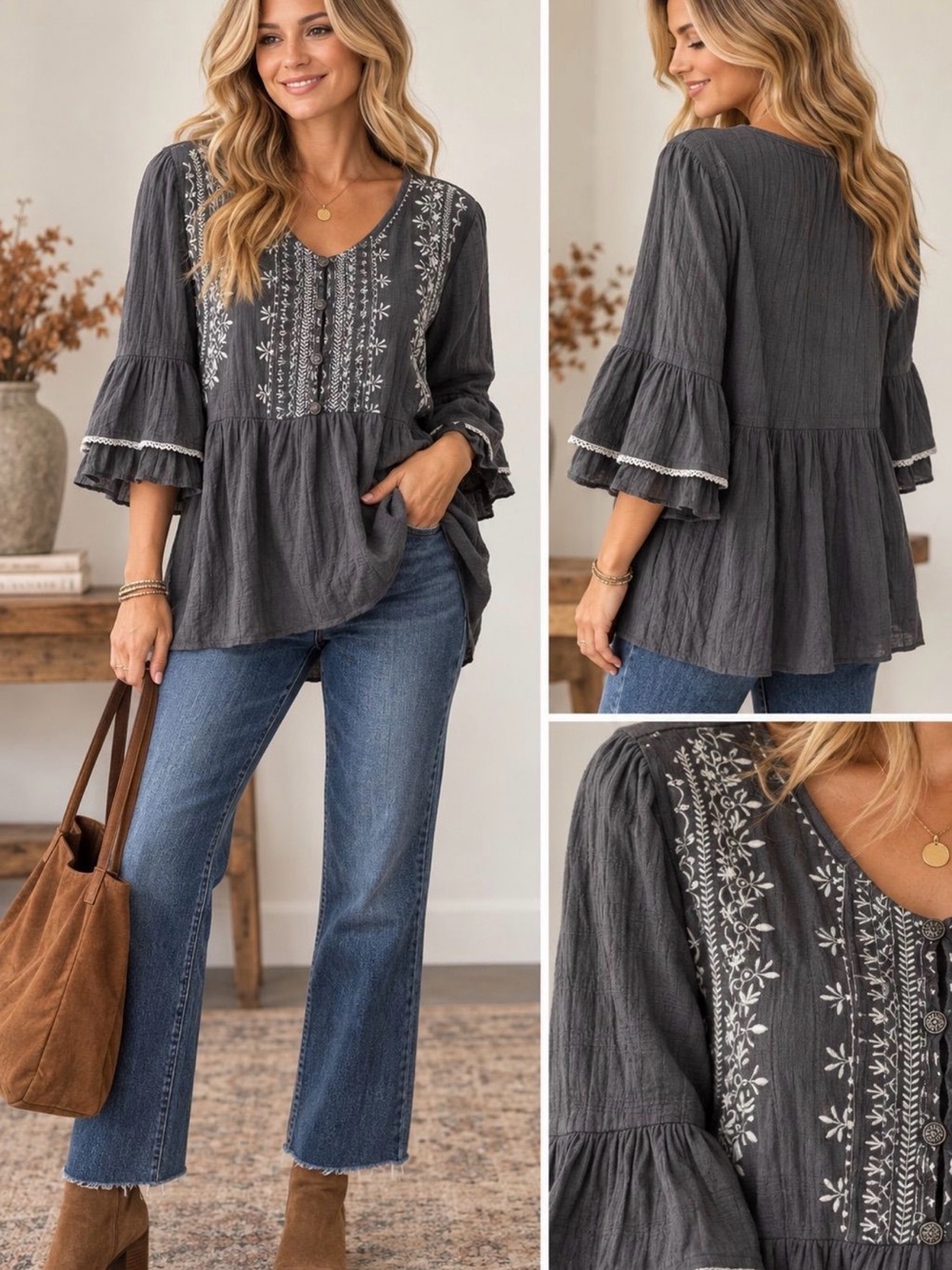 Knox Rose Charcoal V-Neck Embroidered Peasant Blouse